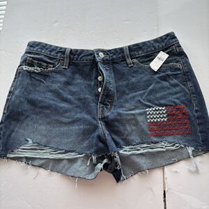 Blue Jean Shorts Embroidered Flag Button Fly Frayed Cut Offs